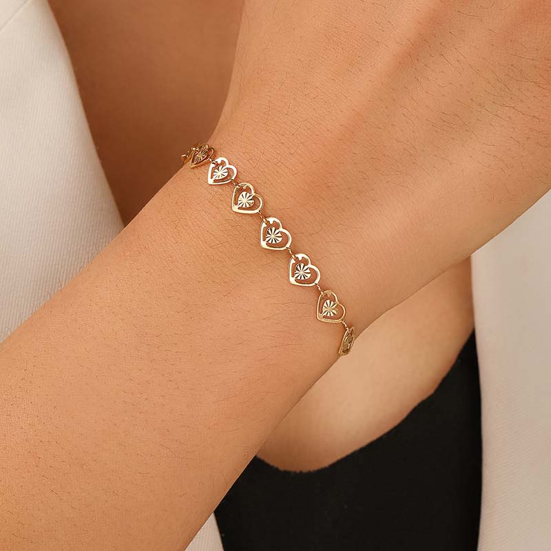 Stainless Steel Gold Color Hollow Heart Necklace Bracelet Set For Women Fashion Metal Double Layer Heart Couple Necklace Jewelry