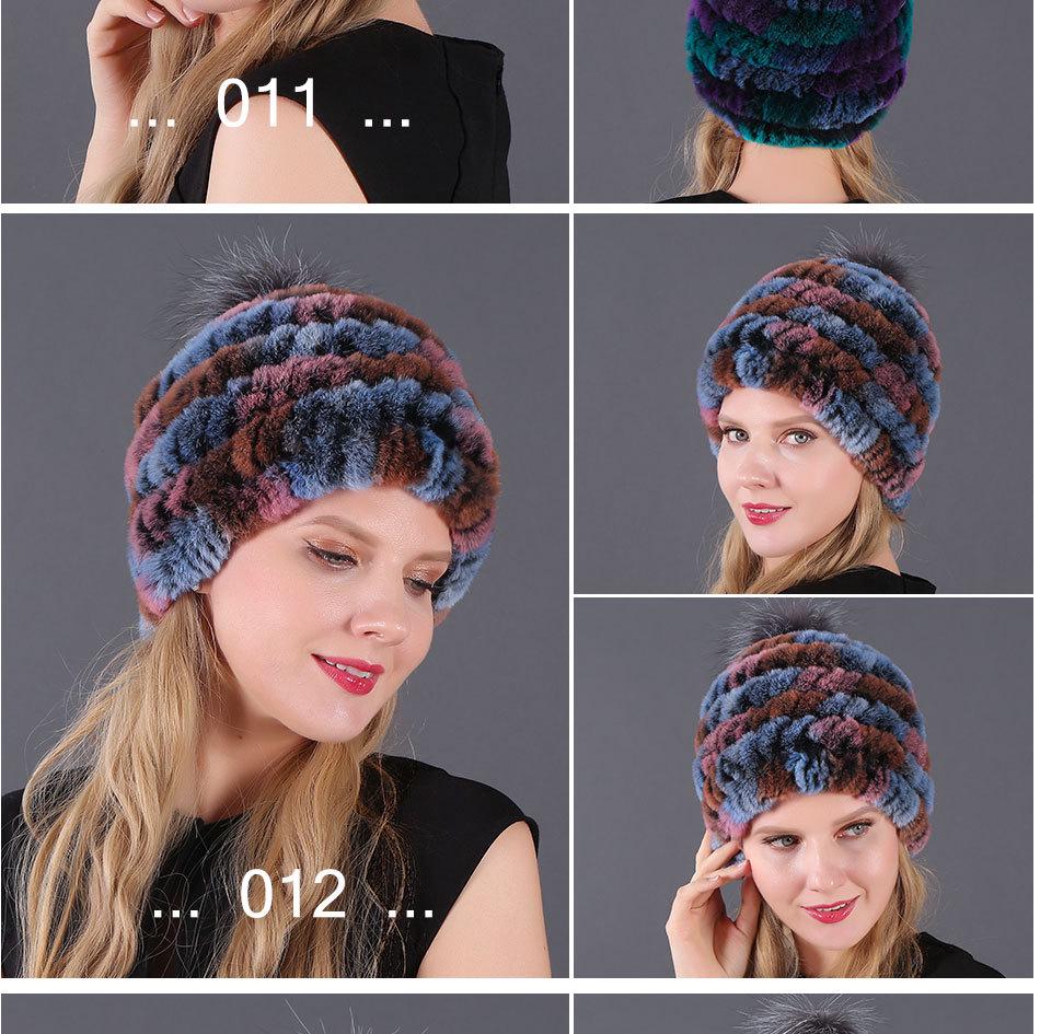 Women's Fur Hat with Rex Rabbit and Fox Fur Pompon for Autumn and Winter