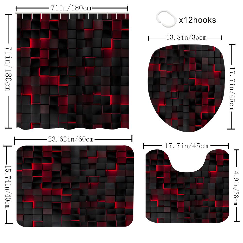 1/4 Brick Wall Shower Curtains, Toilet Seat Decoration, Shower Curtain With Carpet And Toilet Lid, 12 70.8X70.8 Inch Hooks