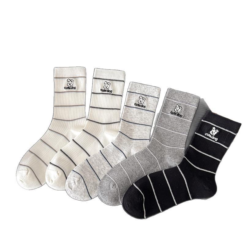 Spring & Summer Korean Style Cartoon Embroidered Puppy Mid-Calf Socks - Women's Academy Stripes Slouch Socks
