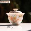 130ml Hand-painted Pink Magnolia Gaiwan Traditional Tea Tureen Tea Bowl with Lid Kit Tea Making Cover Bowl Teaware Ornaments