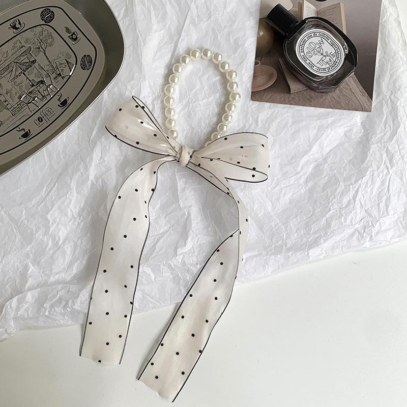 Pearl necklace new polka dot silk scarf high-end organza scarf hair accessories headgear bag ribbon streamer headband