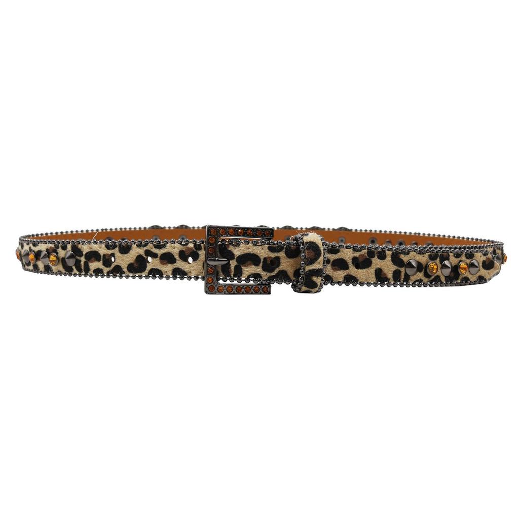 Leopard Print Women's Belt with Skull Design and Rhinestone Pin Buckle - Hip Hop Nightclub Style