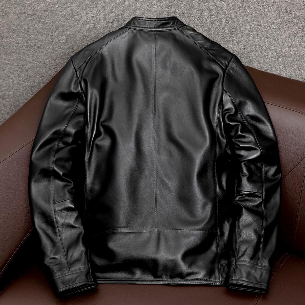 New Mens Genuine Leather Jacket Slim Fit Short Style Sheepskin Coat Autumn Stand Collar Casual Outerwear
