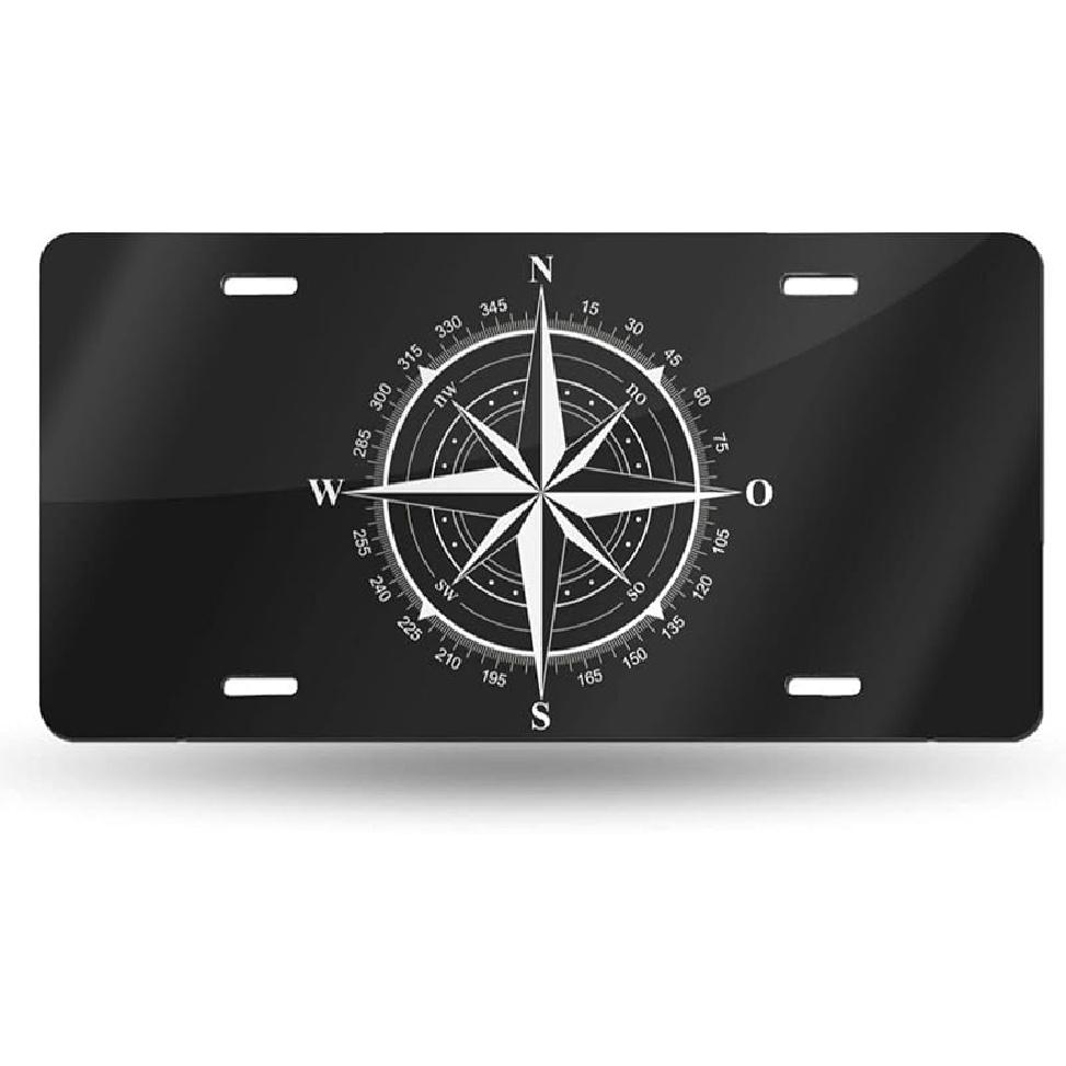 Black And White Compass Rose Front License Plate Aluminum Decorative License Plates Funny Metal Car Plate 6"X12" Novelty Vanity Tag Cover With 4