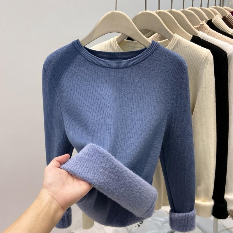 

White sweater women s winter thickened crew neck integrated fleece knitted top with fleece thickened inside and basic bottoming shirt L