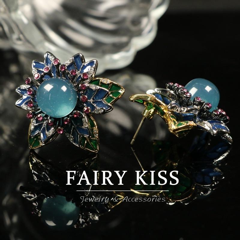 Palace Style Copper Plating Color Matching Enamel Color Glaze Diamond Flower Leaf Atmospheric Necklace Earrings Jewelry Set