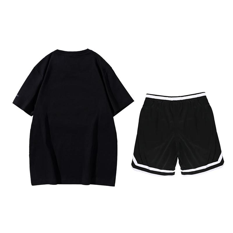 Li Ning American Style Loose Fit Round Neck Short Sleeve T-Shirt Comfortable Striped Shorts Casual Sports Suit Unisex Sportswear AHSUA27-2+YAPV001-1
