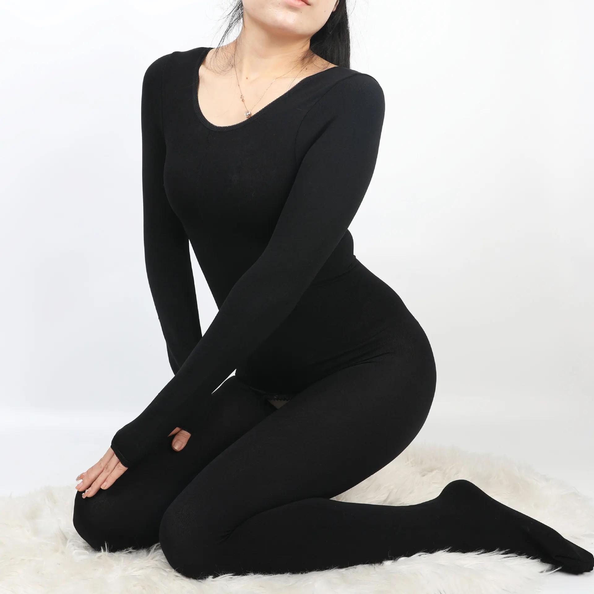 Damen Langer Lohns Bodystocking Leotard Thermischer Pyjama Offener Schritt Dessous Overalls Winter Warm Bodysuit Strumpfhose Unterwäsche Zip open crotch