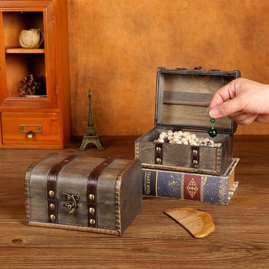 Jewelry Organizer Box Vintage High Capacity Antique Wooden Mini Treasure Chest Storage Box for Home