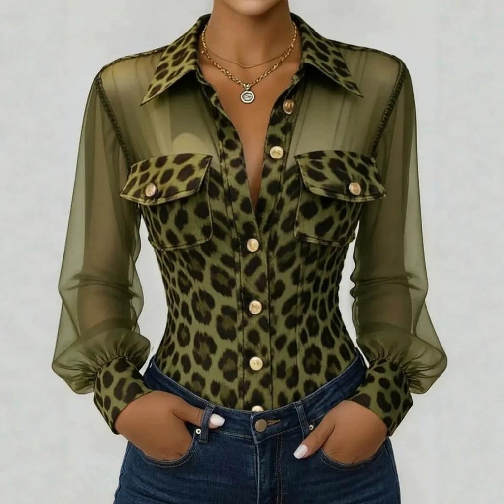 Women's Casual Long Sleeve Leopard Print Shirt with Mesh Panels and Pockets
