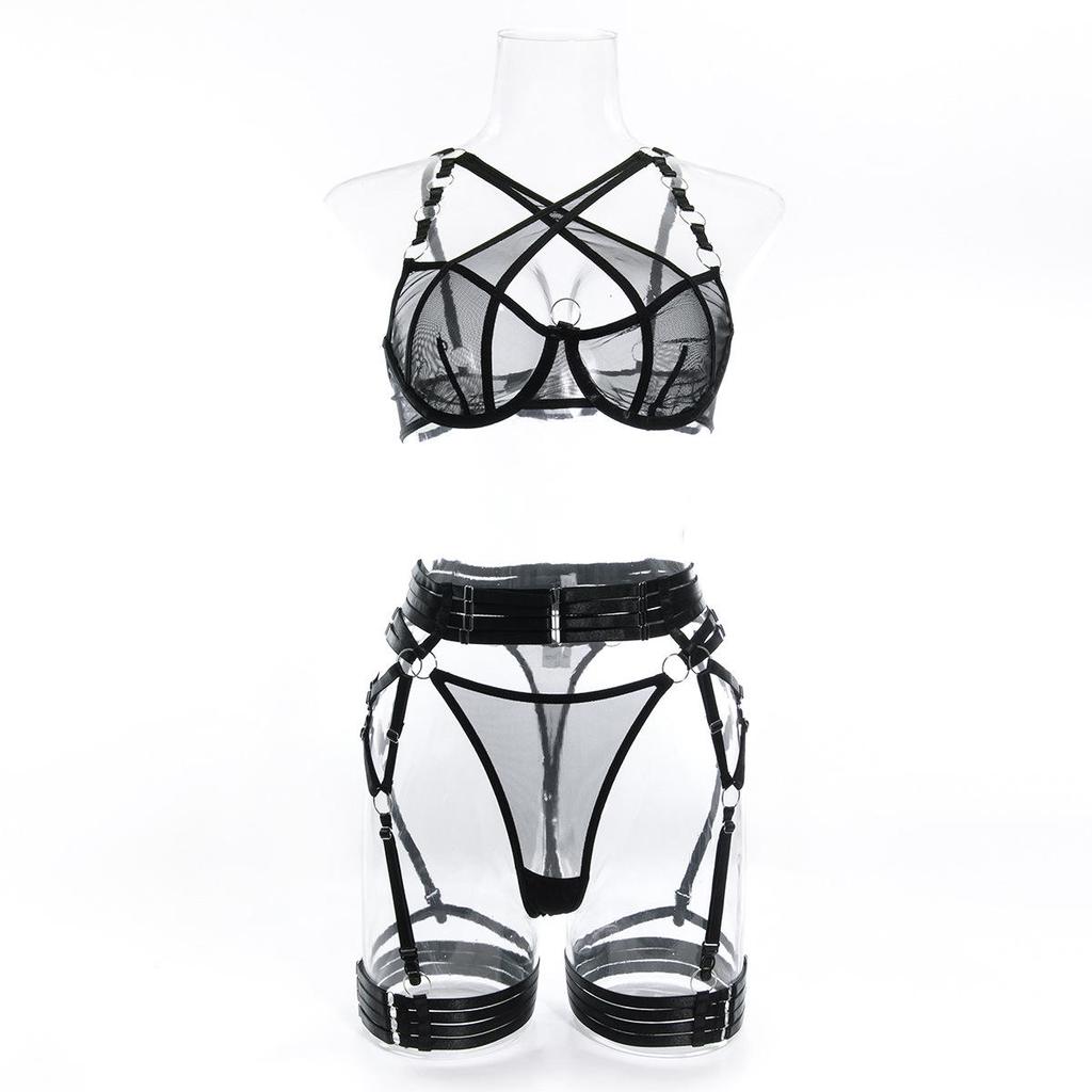Sexy European & American Cross-Stitched Underwire Lingerie Three-Piece Set