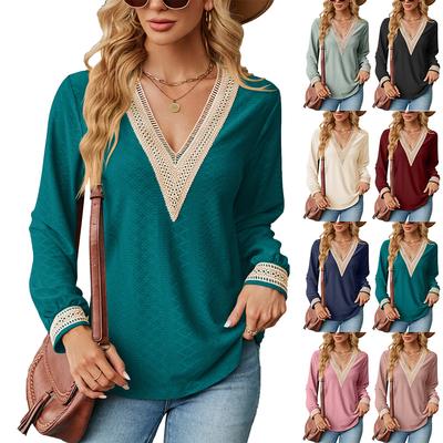 Übergröße Spitze Patchwork V-Ausschnitt Lockeres Langarm T-Shirt