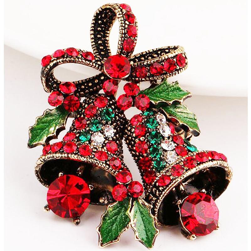 Christmas Vintage Bells Brooch Xmas Tree Shape Pins For Women Men Colorful Rhinestones New Year Jewelry Garment Accessories