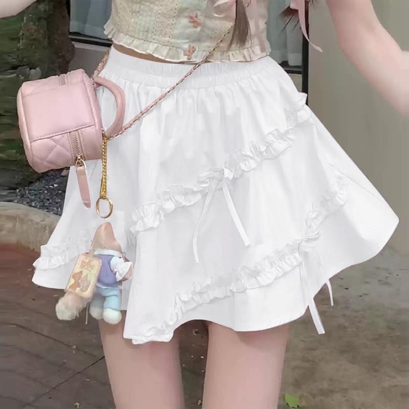 VONDA Women Casual Elastic Waist Solid Color Layered Ruffle Skirts
