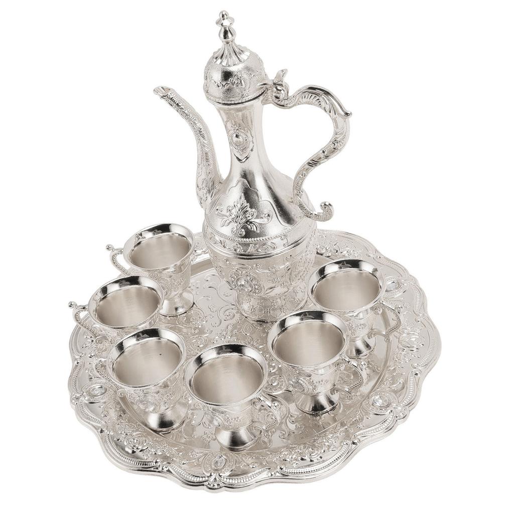 Alloy Wine Glass Pot Set Rustproof Exquisite Decorative Vintage Coffee Pot Set for Tea Home Party Wedding Silver White