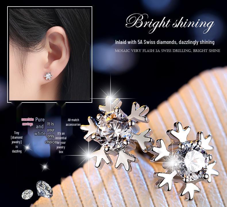 S925 Silver Korean Snowflake Zircon Stud Earrings for Women - Elegant, Simple Design, Ideal Christmas Gift.