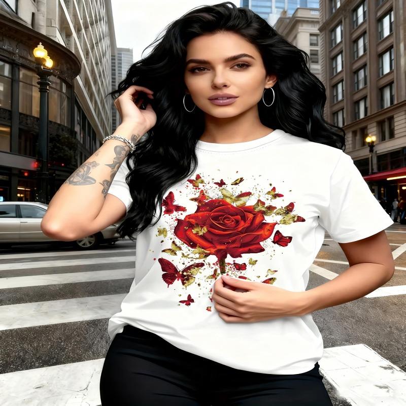 

Rose butterfly print round neck short sleeved T-shirt XL