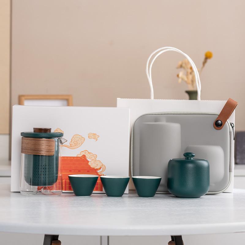 Yuanshan suet jade porcelain travel tea set outdoor set high-end celebration commemorative business souvenir gift box gift bag