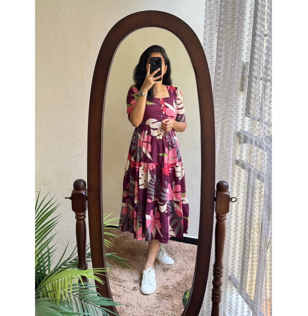 Women Designer Printed Cotton Midi Gown Kurta Party Wear Top Tunic Kurti Dress M винный