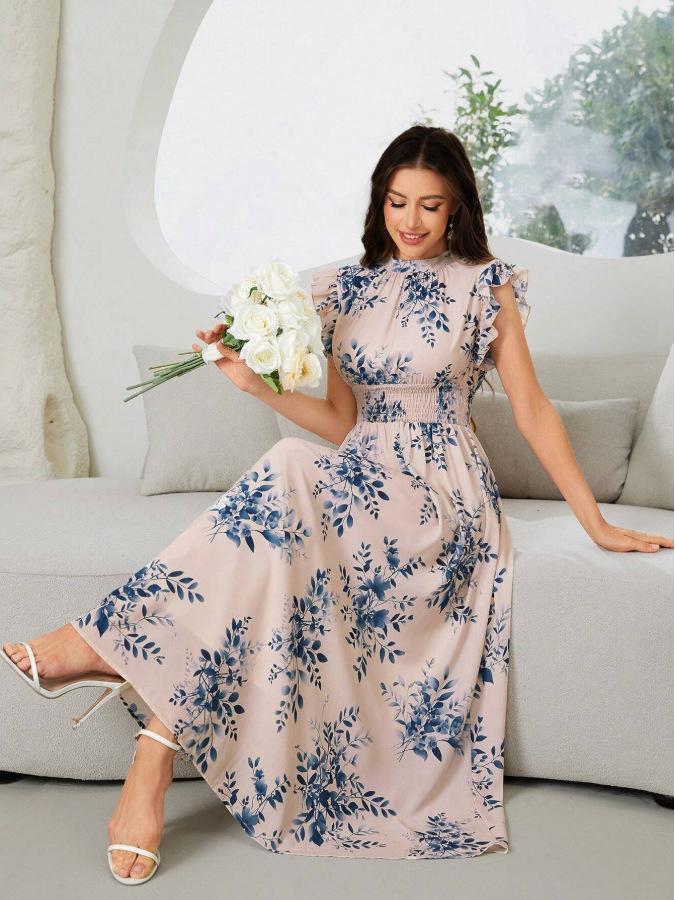 

Женское элегантное платье с цветочным принтом, полувысоким воротником и эластичной талией Medium розовый