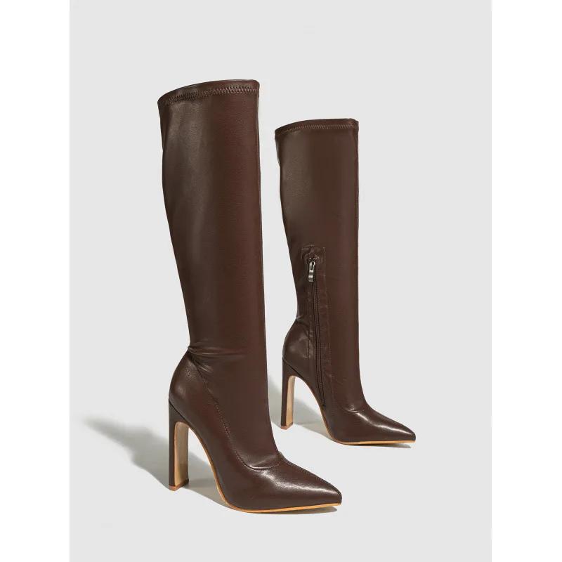 Módní kozačky na zip nad koleno Dámské Měkké Pohodlné PU kůže Špičaté Podzimní Zimní Boty Párty Striptérské Podpatky Botas Mujer