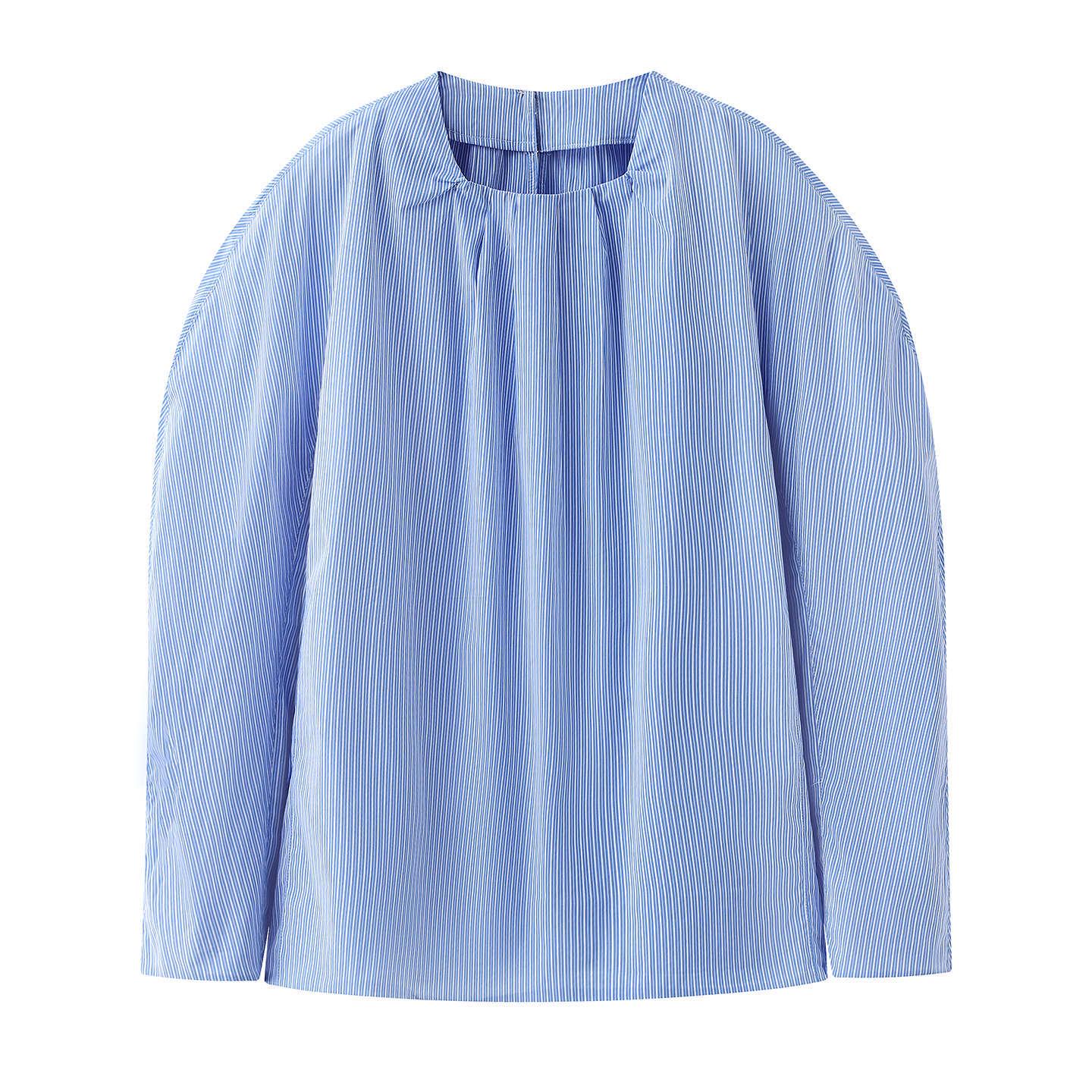 Spring 2026 Fashion: Women s Blue Stripe Round Neck Long Sleeve Loose Pullover Shirt Medium синий