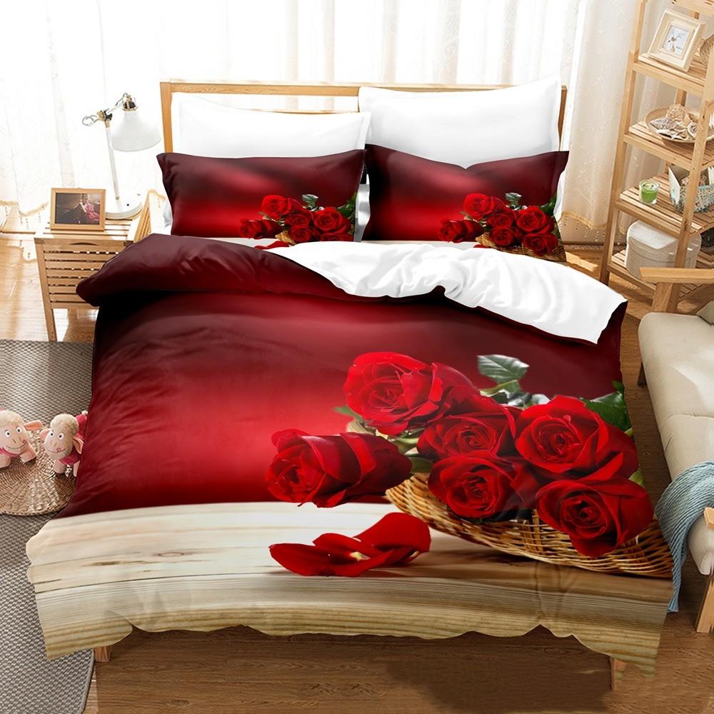 3D Red Rose Valentine's Day Gift Duvet Cover Set With Pillowcases Marry Comforter Bedding Sets For Wedding Double Bed Set Girls