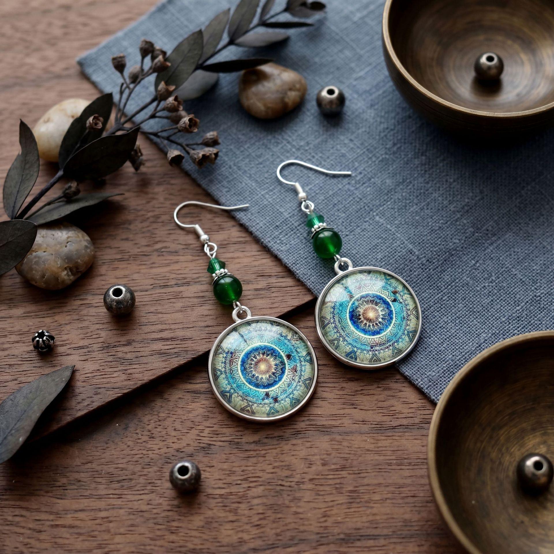 Bohemian Mandala Time Gem Earrings: Retro Ethnic Style with Artistic Green Beads