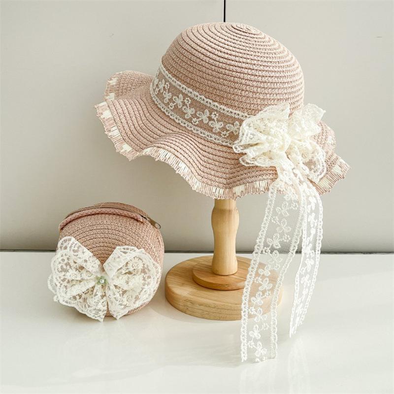 Kids Baby Girls Sun Hat And Straw Beach Bag Set with Elegant Lace Bowknot Trim Wide Brim for Vacation Beach Toddlers 2pcs