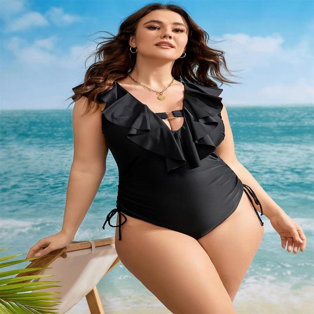 2026 Plus Size Ruffle One-Piece Swimsuit - European & American Style Solid Color Swimwear for Curvy Women