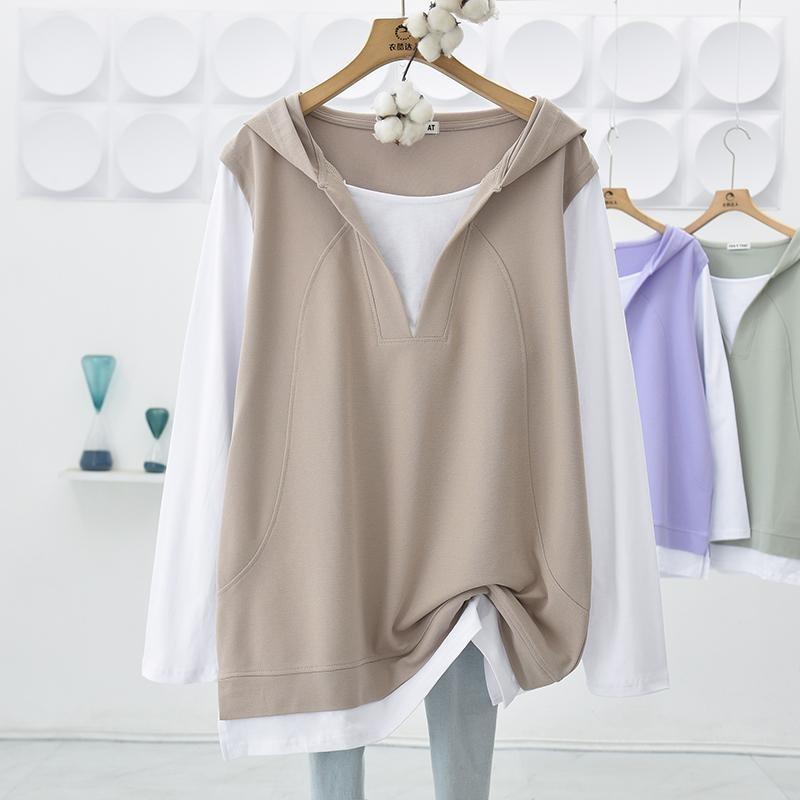 Nuova Felpa con Cappuccio Patchwork Oversize Larga a Manica Lunga Casual di Media Lunghezza Finta Due Pezzi per Donna - Primavera e Autunno