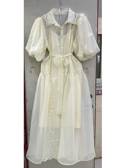 European & Vietnamese Design Lapel Patchwork Pleated Waist-Cinched Dress - Elegant High-End Style L жёлтый