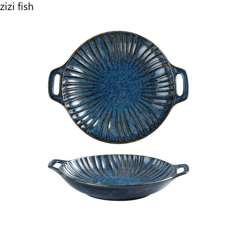 Relief Stripe Ceramic Double Ear Plate Salad Plate Dessert Plate Snack Plates Restaurant Molecular Cuisine Creative Tableware