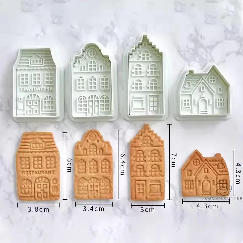 

4 шт. Рождественский узор в виде пряничного домика, формочка для печенья, штамп для печенья, помадка, украшение для торта, аксессуары для выпечки, кухонные гаджеты