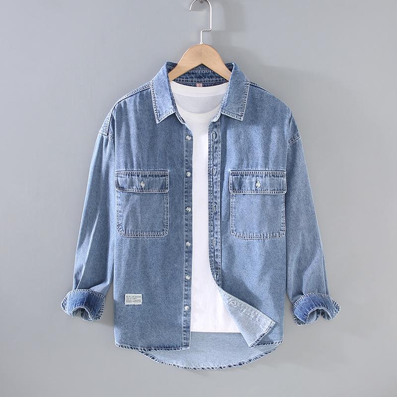 Autumn Men's Retro Light Denim Long Sleeve Shirt with Double Pockets