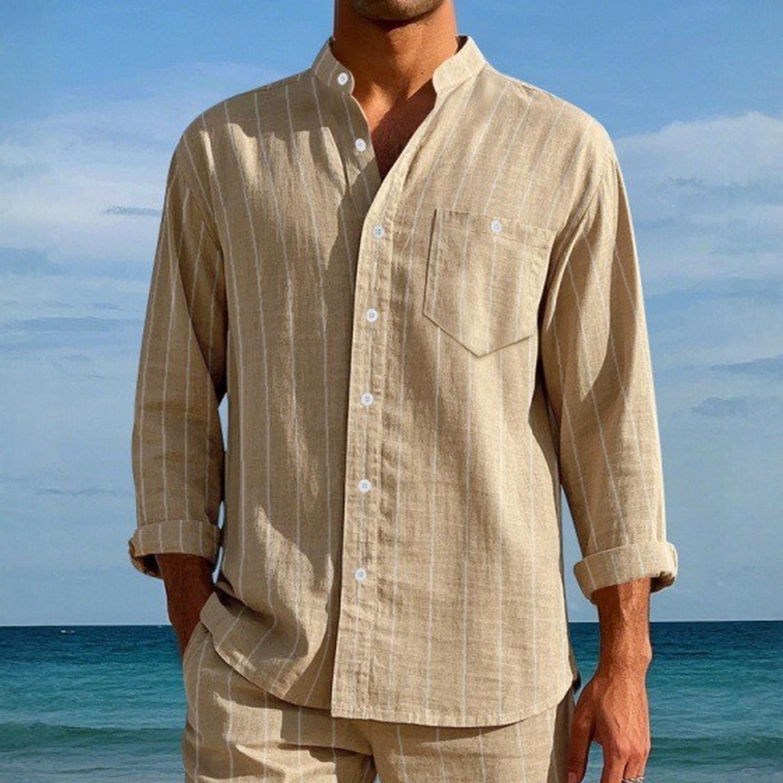 

Мужская льняная рубашка с длинным рукавом - Стойка воротник Свободный крой Дышащая Карман Повседневный топ XXL хаки