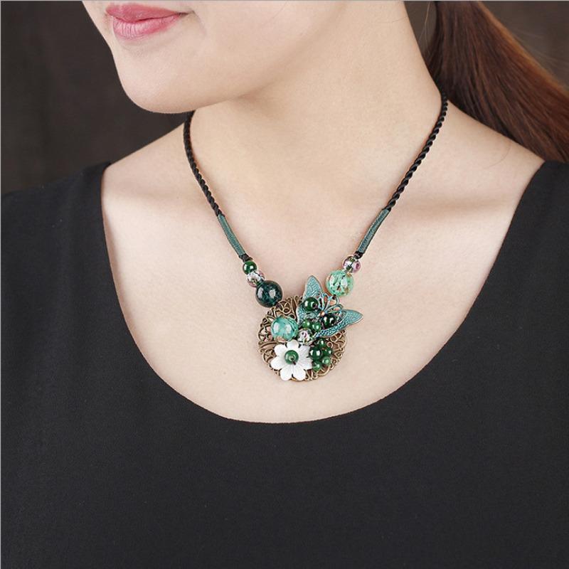 Women's Pendant Necklace Retro Ethnic Style Long Jade Necklace Sweater Chain Lucite Accessories Jewelry Gift KTJ