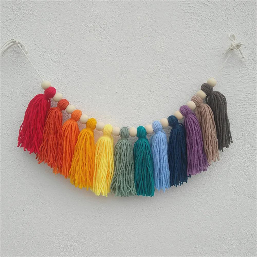 European & American Style Wool Thread Wooden Beads Tassel Wall Hanging Ornament