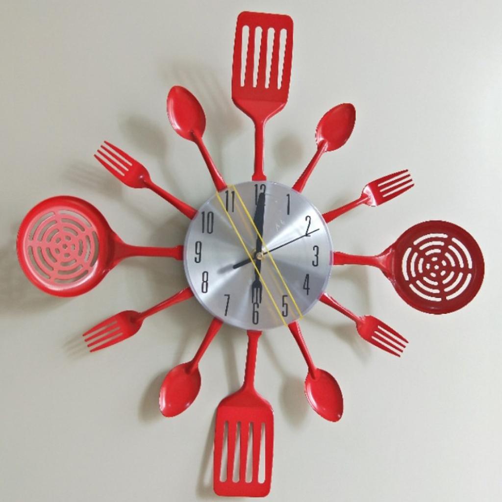 3D Wall Clock Kitchen Stainless Steel Fork Knife Clock Decorative Red