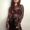 Sun Moon Printed Transparent Mesh Sexy T-Shirt Women O-Neck Long Sleeve Slim Basic Casual Female Tops 2026 Spring New