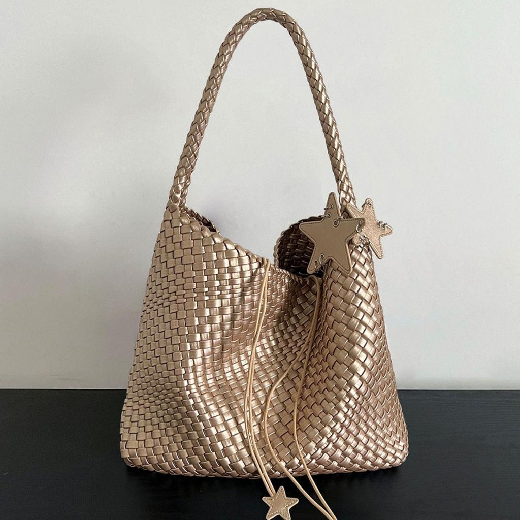 Premium original design summer champagne woven tote bag large capacity commuter shoulder bag women's fashion