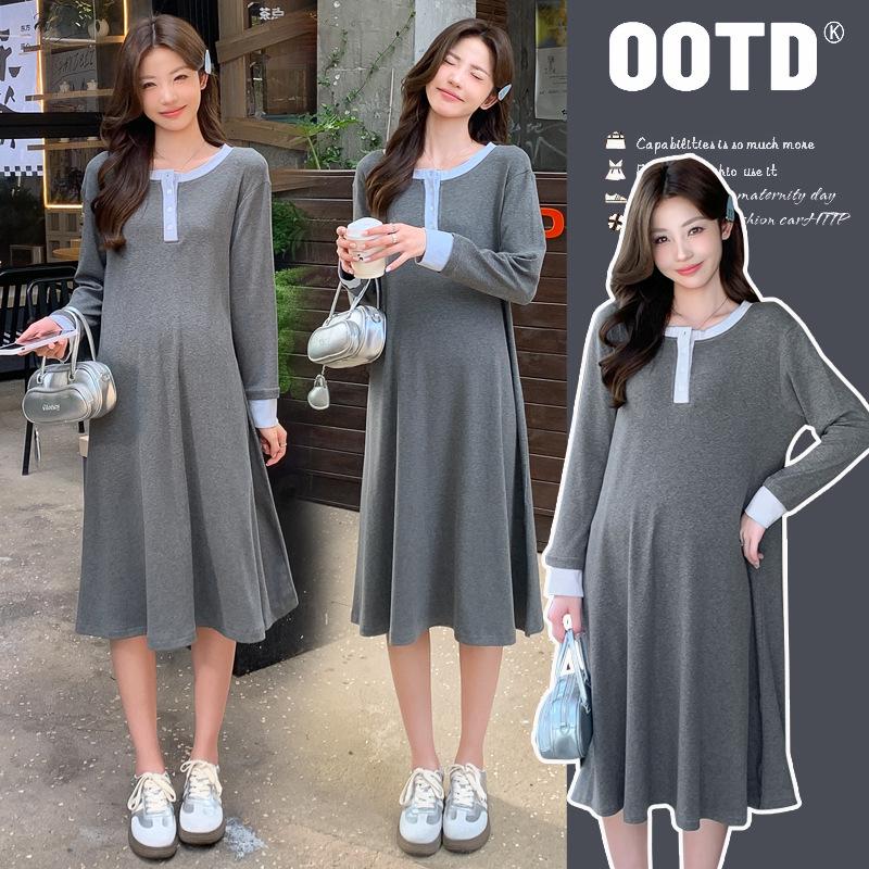 2026 Autumn French Style Elegant Color Block Maternity Dress 2XL