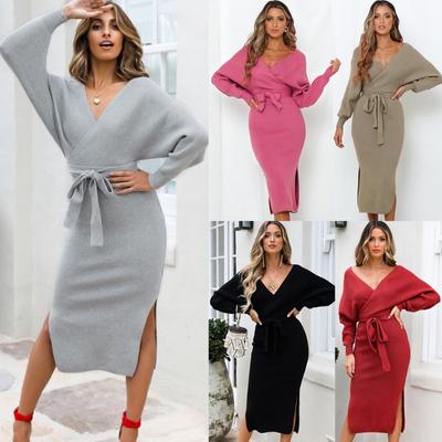 Langer Rock Sexy V-Ausschnitt Pullover Strickkleid
