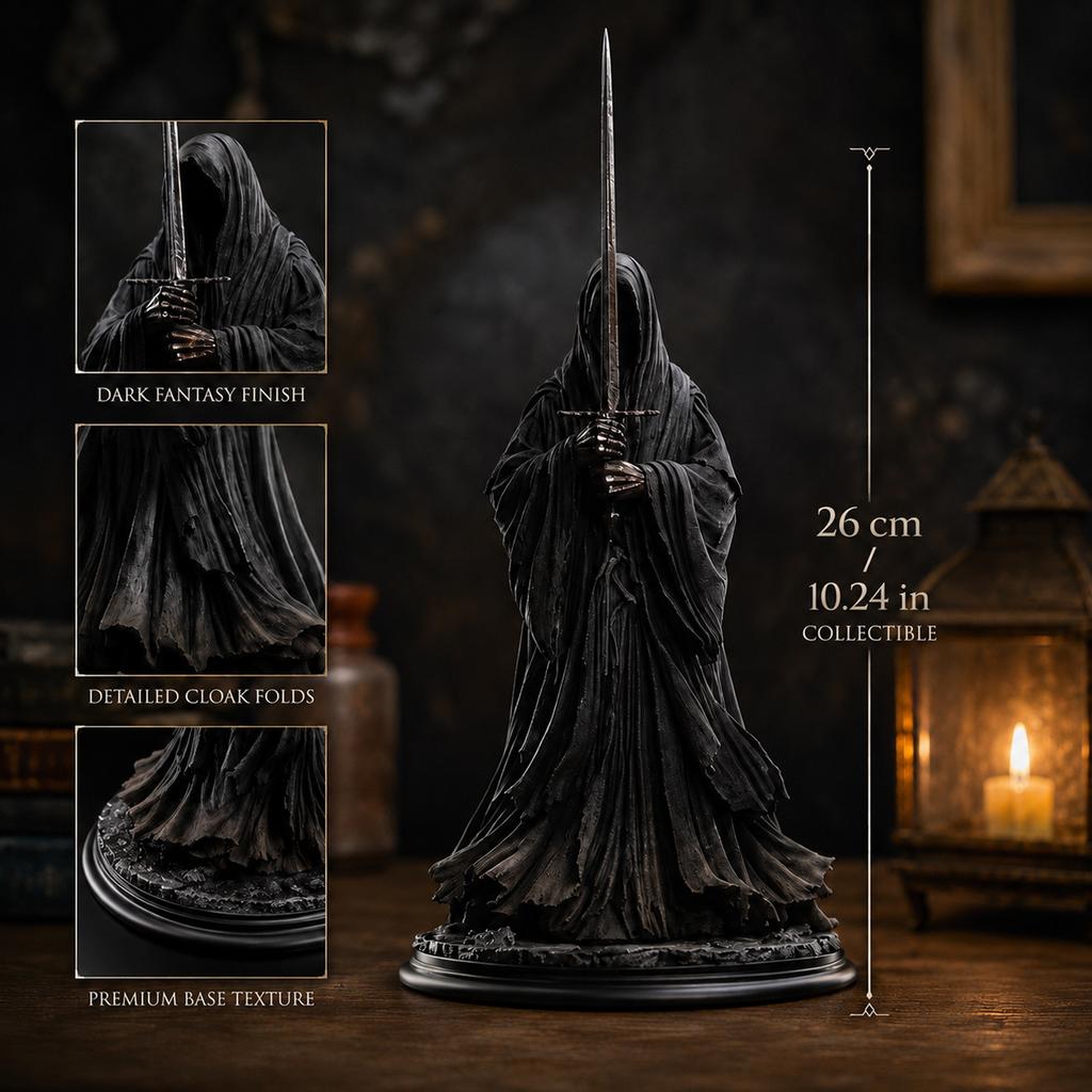 Collectible Dark Cloaked Figure Model Statue with Sword Standing on Decorative Base Detailed Design for Display and Collection