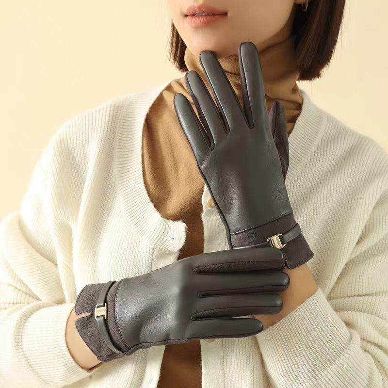 New Leather Gloves Women's Winter Warm Fleece Thickened Touch Screen Winter Driving Finger Gloves