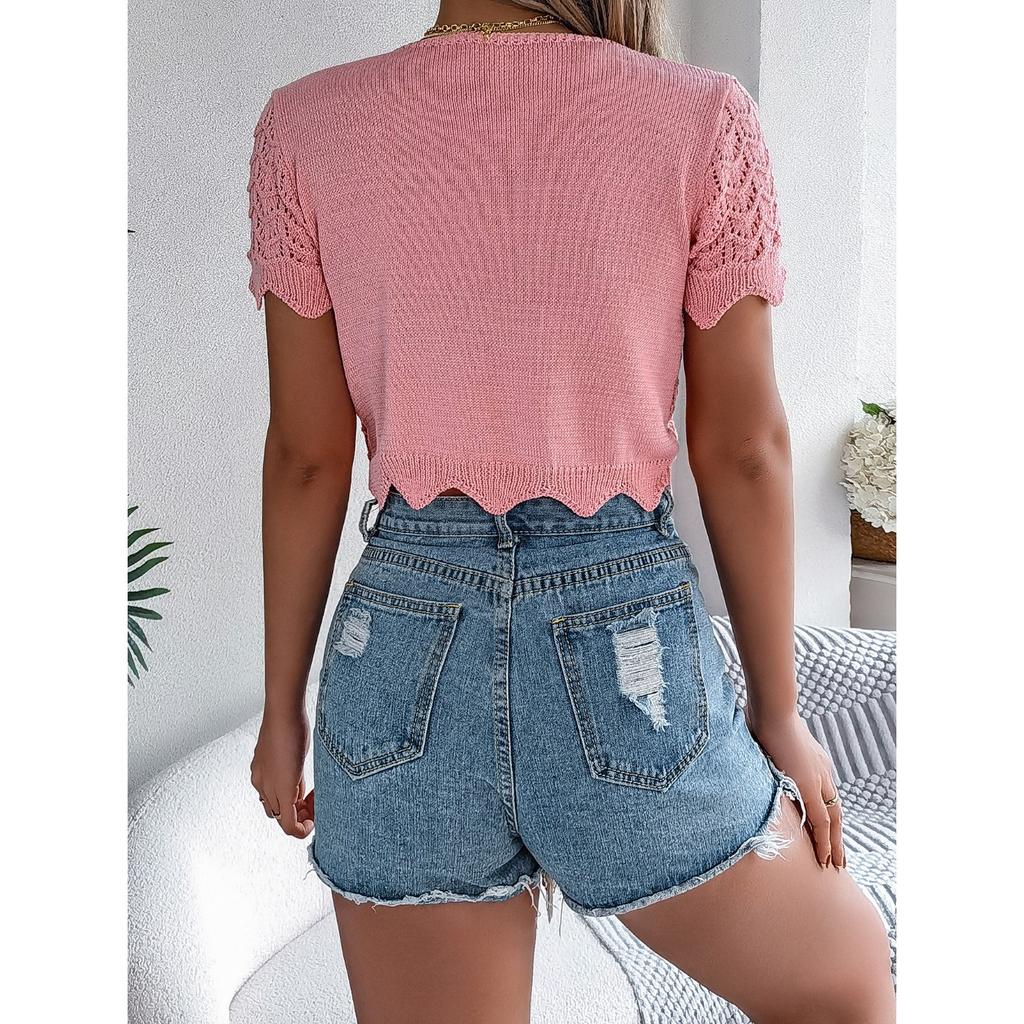 GMXIA Summer Lace-up Cutout Short-sleeved Knitted Cardigan for Vacation Crop Protection Women's Wear