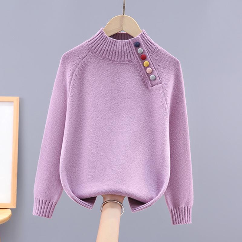 

Girls Fashionable Knitted Half-High Neck Sweater - Autumn/Winter Style, Thickened Base Top for Medium and Large Children 170cm фиолетовый