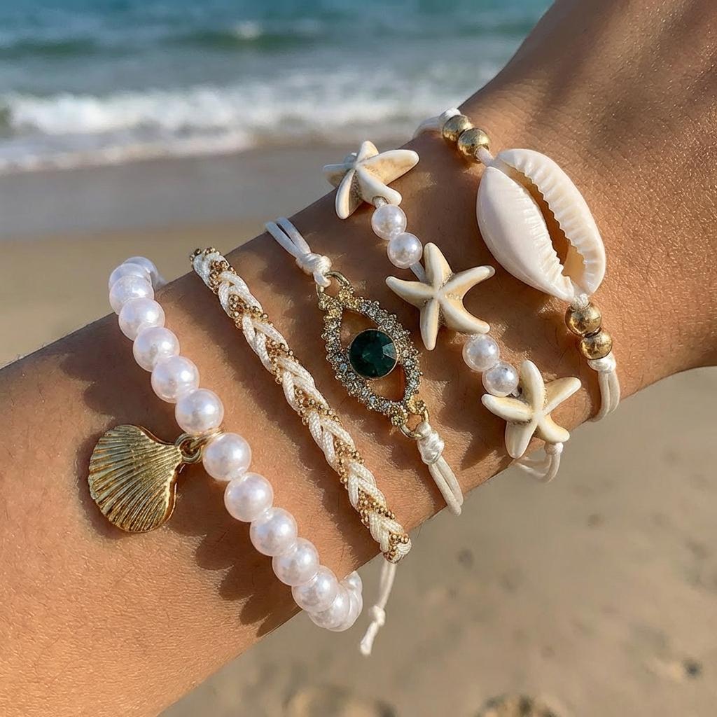 5Pcs Bohemian Shell Pearl Bracelets Set for Women Fashion Gold Color Evil Eye Charm Multilayer Bangles Summer Beach Jewelry Gift