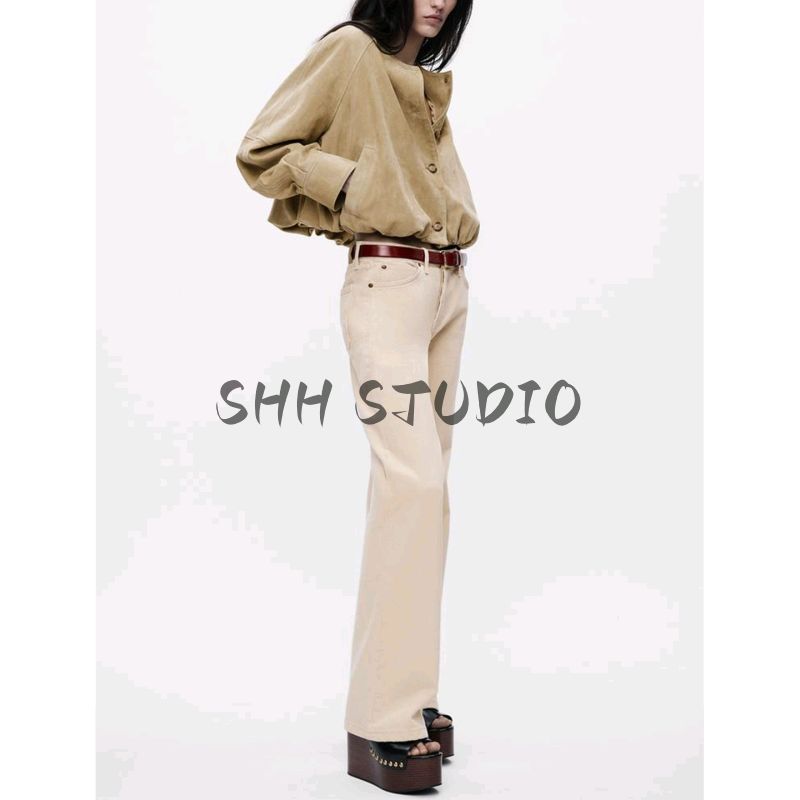 Fall Women's Clothing Balloon Hem Round Neck Long Sleeves Suede Textured Leather Jacket Outwear 3322043